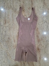New SPANX ASSETS Cafe Au Lait 10116r Open Bust Lace Mid-thigh Bodysuit Size L