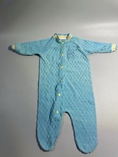 Vintage 70s Baby Blue Footsie Pajamas Teddie Bear Quilted Plastic Snaps