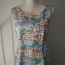 Talbots Dress Scenic Italy Cliffside Village Print Shift Waffle Sleeveless 6
