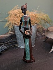 Vintage African Tribal Female Figurine Holding Bowl Hand-Painted Resin Ornament