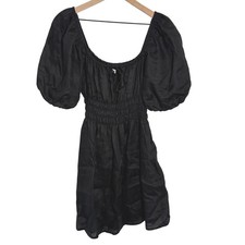 Faithfull the Brand Sophia Mini Dress 100% Linen Black Puff Sleeve Size Medium