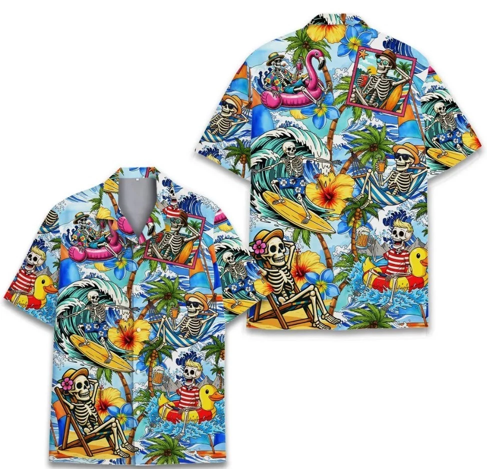 Skeleton Beach Hawaiian Shirt Men Women, Funny Tropical Island Summer Aloha Shir