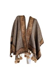 Irina Pashmina  Oversized Shawl  Scarf Mocha Brown With Pompom Fur