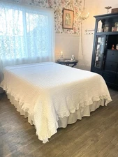 Piubelle Matelasse Quilt Coverlet Texture Solid White Ruffle Shabby Cotton 88x96