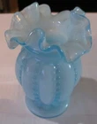 Vtg Fenton Ruffled Beaded Melon Blue Glass Overlay Tulip Jack In The Pulpit Vase