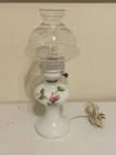 VTG White Milk Glass Hurricane Lamp Red Hand Painted Rose 9 3/4" Etched Shade