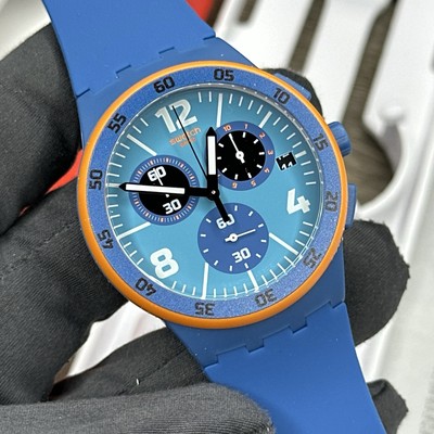 NEW  Swatch Chrono CAPANNO Blue Date Dial Sport Men's Silicone Watch SUSN413