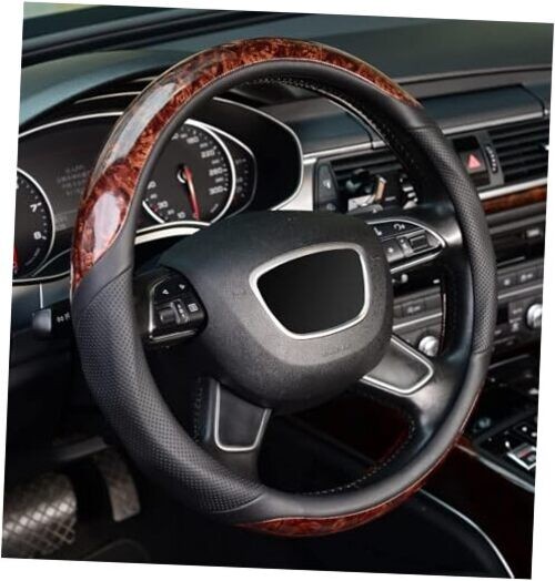 Wood Grain Steering Wheel Cover, Universal 15 inch Microfiber Leather Anti