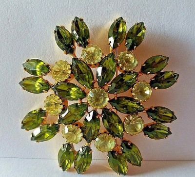 Brooch Green Yellow Rhinestones Unmarked Goldtone Back with Pin 7 cm Diameter