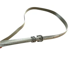 Silver Faux Leather Narrow Belt with Silver Tone Hardware Size 14