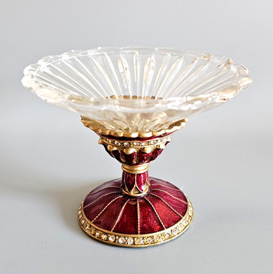 Vintage Brass Rhinestone Red Enamel Pedestal / Trinket 4.25''D x 3''H, 11.5 oz