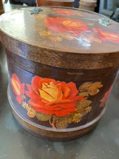 Firkins with decopage ?  firkin lid has hinge. Pretty good shape 