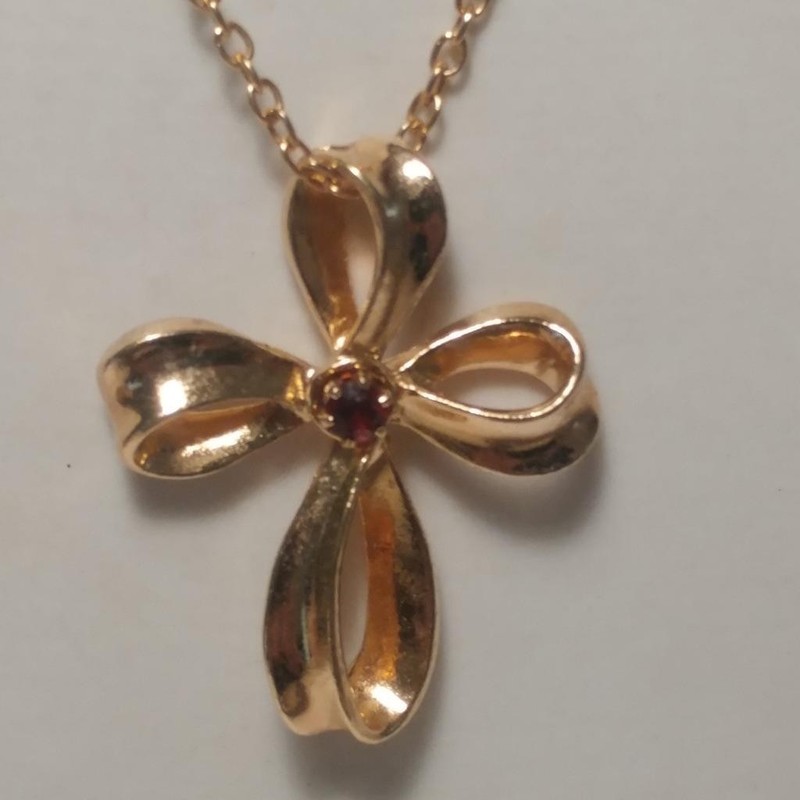 Avon Cross Necklace Garnet Cross Signed Avon GOld Cable Chain Necklace 18"