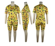 Women Butterfly Print Summer Tacksuits O-Neck Top+Shorts Suit 2PC Set Casual #JS