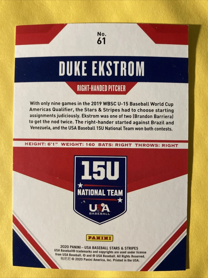 Duke Ekstrom 2020 USA Stars & Stripes #61 Vanderbilt AUTO Baseball Signed - Image 3 of 3