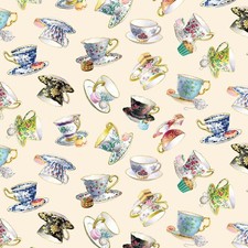BTY Elizabeth's Studio Fancy Tea Teacups Cotton Fabric By The Yard 34001E-CREAM