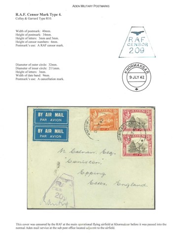 Aden-1942-Cover to Essex, England RAF Censor Mark Type 5 "Khormaskar" cds-OAS - 第 1/1 張圖片