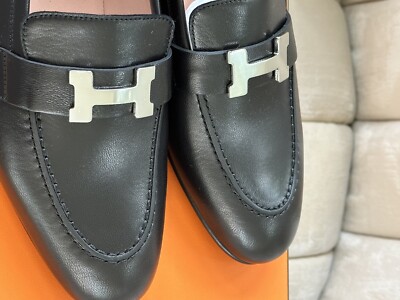 size 38EU NEW HERMÈS Black Goatskin Paris Women Loafer