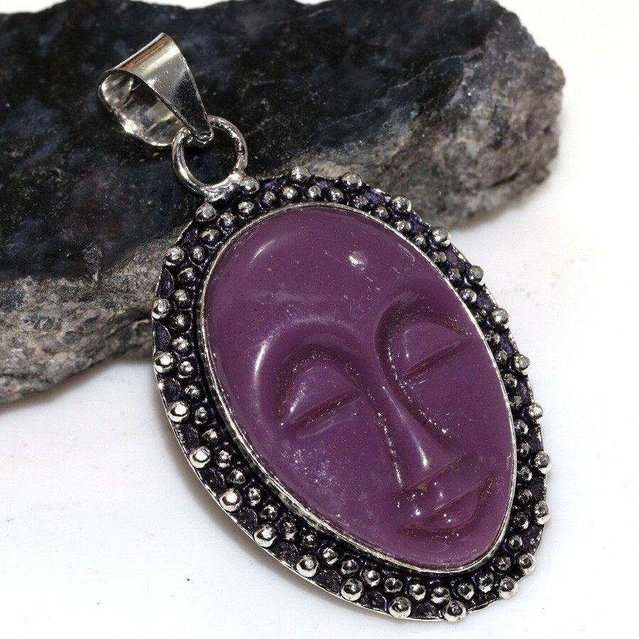 925 Silver Plated Carved Face Purple Agate Pendant Jewelry Size 1.8