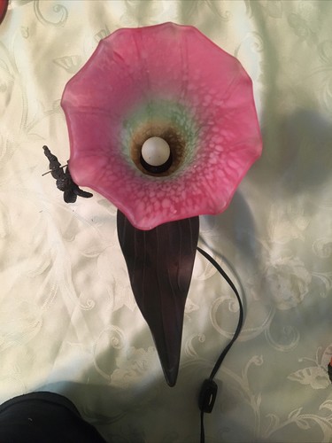 Tulip Table Lamp w/ Leaves Pink Green Yellow Glass, Metal Cherub Playing Violin - Picture 17 of 18