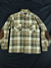 Vtg 70  s Pendleton Board Shirt Men  s M Plaid Loop Collar USA Suede Elbow Brown