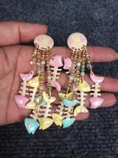 Statement Vtg 1987 Lunch At The Ritz  enamel skeleton fish  Gold Tone  Earrings 