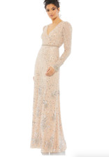 MAC DUGGAL 10769 SEQUINED FLORAL EMBELLISHED LONG SLEEVE SILVER NUDE GOWN sz 12