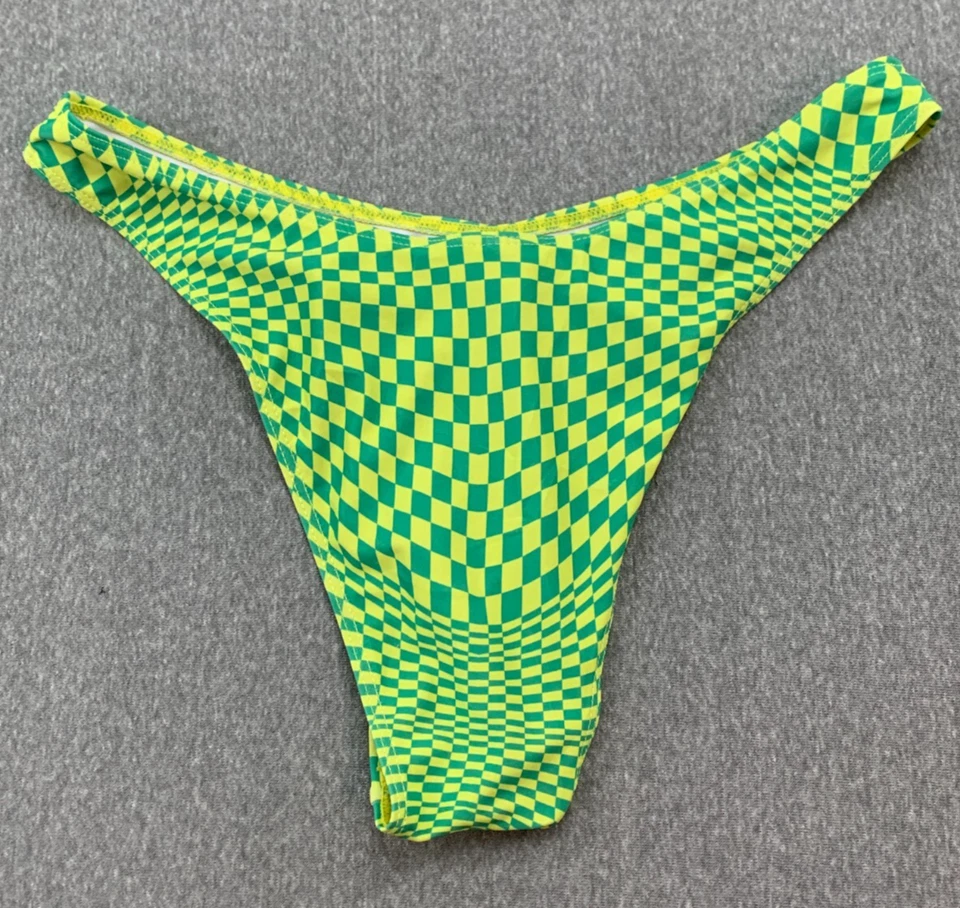 High Cut V Front Bikini Tankini Swimsuit Bottoms Women size M Yellow Green Check - Image 2 of 4