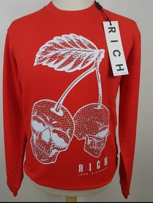 John Richmond, Sweatshirt, Rot, Kirsch-Totenschädel MOTIV, MODELL: ELIOT, NEU, M