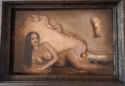Original oil painting oil vintage realism glamour erotic nude romance wood frame 