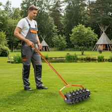 18in Lawn Aerator, Heavy Duty Rolling Aerator Lawn Tool Galvanized Steel