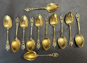 Set of 12 Antique Art Nouveau German Gilded Sterling Silver Coffee Spoons