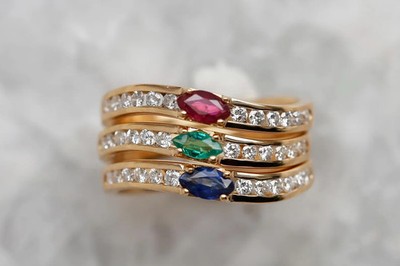 14K Yellow Gold Over Three Stackable Rings - Emerald, Ruby, Sapphire & Diamonds