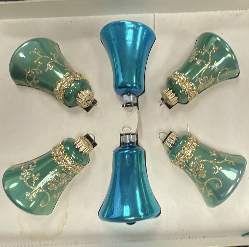 Antique Coby Set of 6 Glass Bell Ornaments Hanging Decorative Green Blue Gold