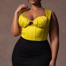 Pretty Little Thing Womens Plus Size 16 Chartreuse Constructed Satin Ruched Bust