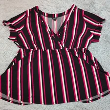 Torrid Shirt Womens 3 Black Striped Top Lightweight Blouse V Neck Preppy Casual