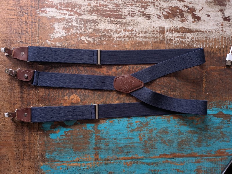 Nylon Suspenders Men's Navy Blue & Brown Leather