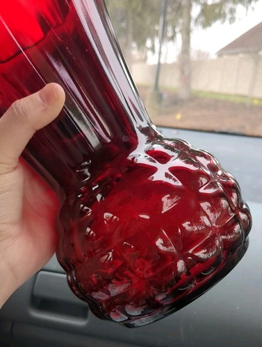 9" Ruby Red Anchor Hocking Vase Glass Royal Pineapple Flared Bubble Vintage - Picture 5 of 10