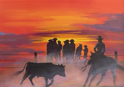 Cowboys at Sunset - American Western Art Original Framed Painting by T. Davidson