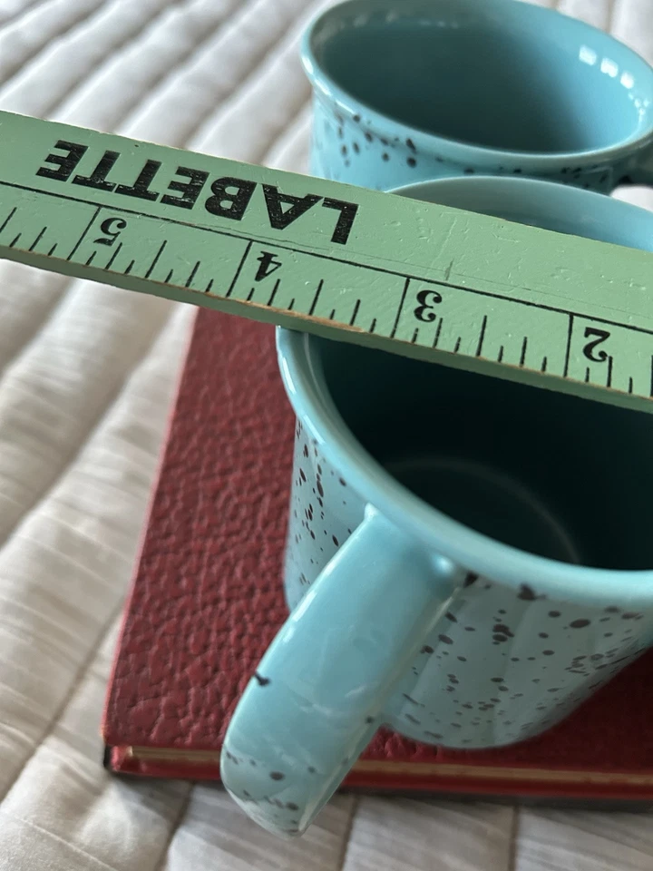 Juego de 4 tazas de café de cerámica estilo fogata verde azulado con diseño moteado Foto 3 de 4