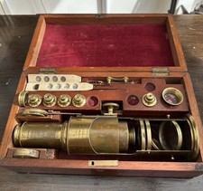 ANTIQUE BRASS DRUM MICROSCOPE 1850,s In Original Box With Multiple Objectives