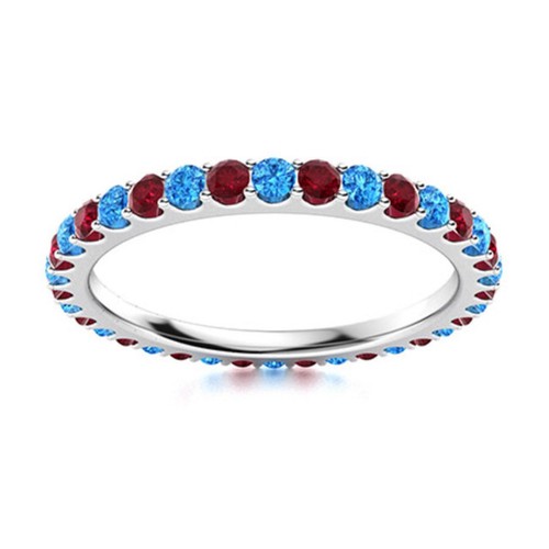 925 Sterling Silver 2MM Round Ruby & Swiss Blue Topaz Full Eternity Women Ring