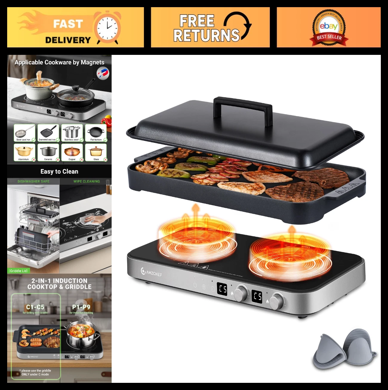 Double Induction Cooktop 1800W, Portable 2 Burner Stove, Non-Stick Griddle, Touc