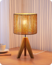 EDISHINE Small Rattan Table Lamp, Wood Tripod Bedside Lamp, Boho Nightstand Lamp