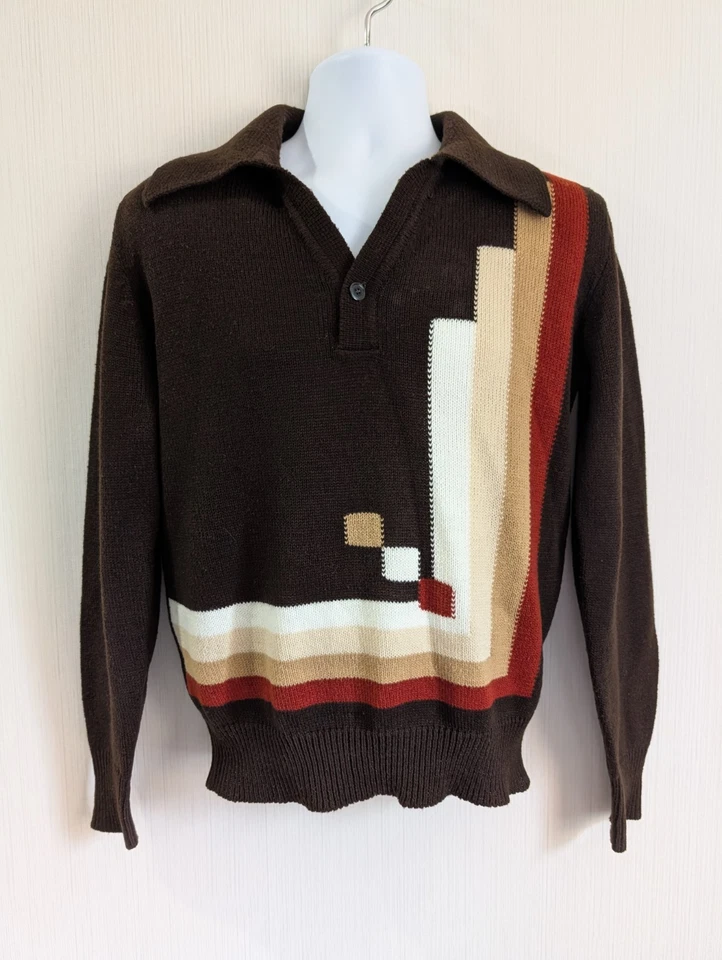 Suéter Pullover Acrílico Coronet Informal Marrón Geométrico Mod Disco L Años 60 70 Foto 2 de 4