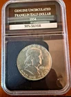 1954 Franklin Half Dollar 90% Silver Genuine Uncirculated Coin in PCS Holder