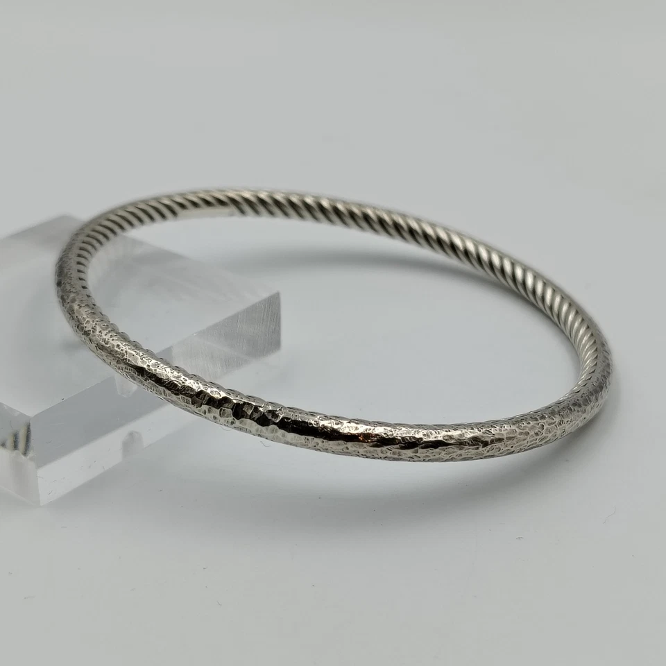 David Yurman Sterling Silver 925 Hammered Texture Bangle Bracelet 7.5" 4 mm - Image 4 of 4