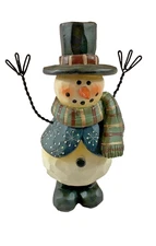 Suzi Skoglund Snowman with Blue Country Jacket and Striped Scarf  Figurine