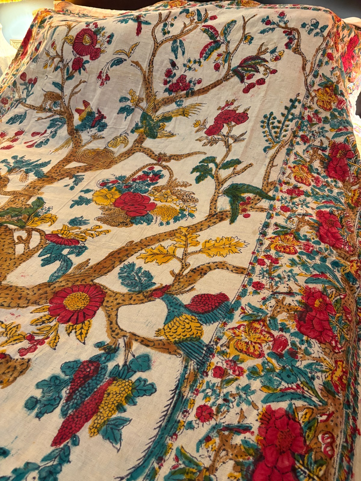 Vintage Tree of Life Linen Textile 68x102 Hand Printed Boho Wall Hanging Spread