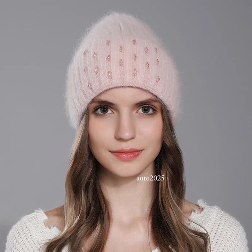 Warme gestrickte Angora Kaninchenfell Mützen Mode mit Perlen Mützen weiblich Luxus Mütze - Bild 8 von 27